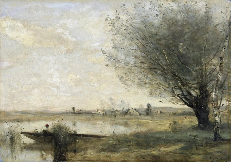 Fischer, der an einem Ufer vertäut ist - Jean-Baptiste Camille Corot