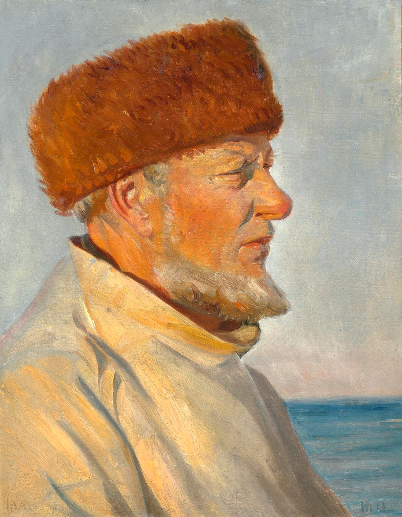 Ein Fischer aus Skagen mit Pelzmütze sonnt sich am Strand. – Michael Peter Ancher