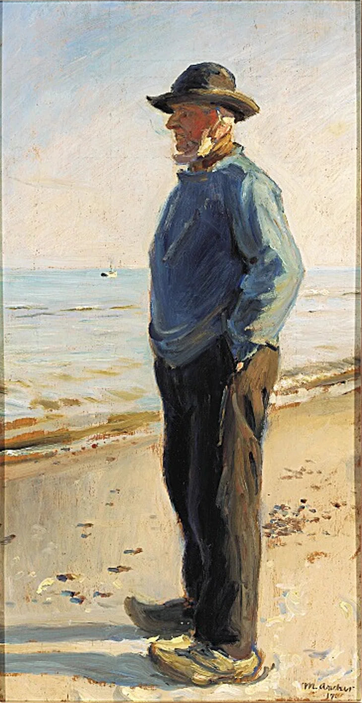 Ein Fischer aus Skagen steht am Strand und trägt einen blauen Anorak. – Michael Peter Ancher
