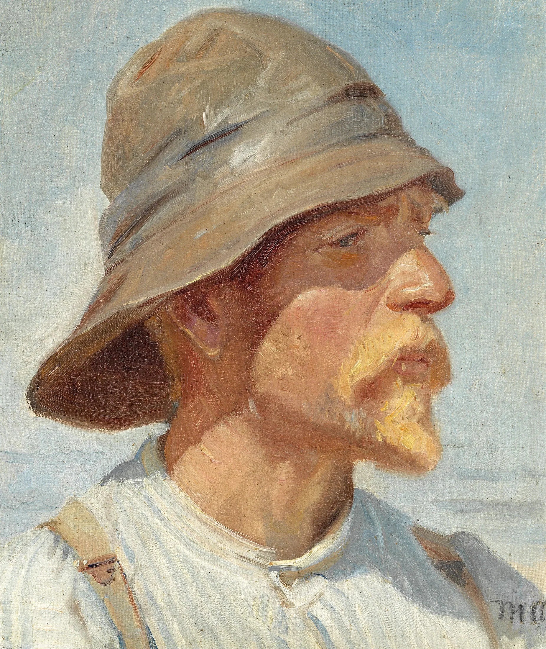 Pêcheur de Skagen portant un ciré, une chemise rayée et des bretelles. - Michael Peter Ancher image 1 reproduction de peinture à l’huile