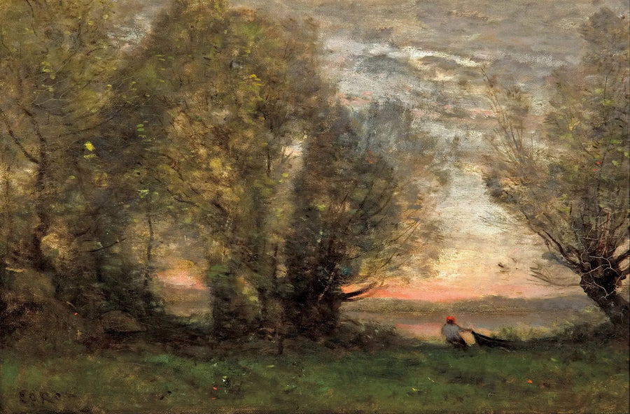 Fischer zieht sein Boot bei einer alten Weide, Abendstimmung - Jean-Baptiste Camille Corot
