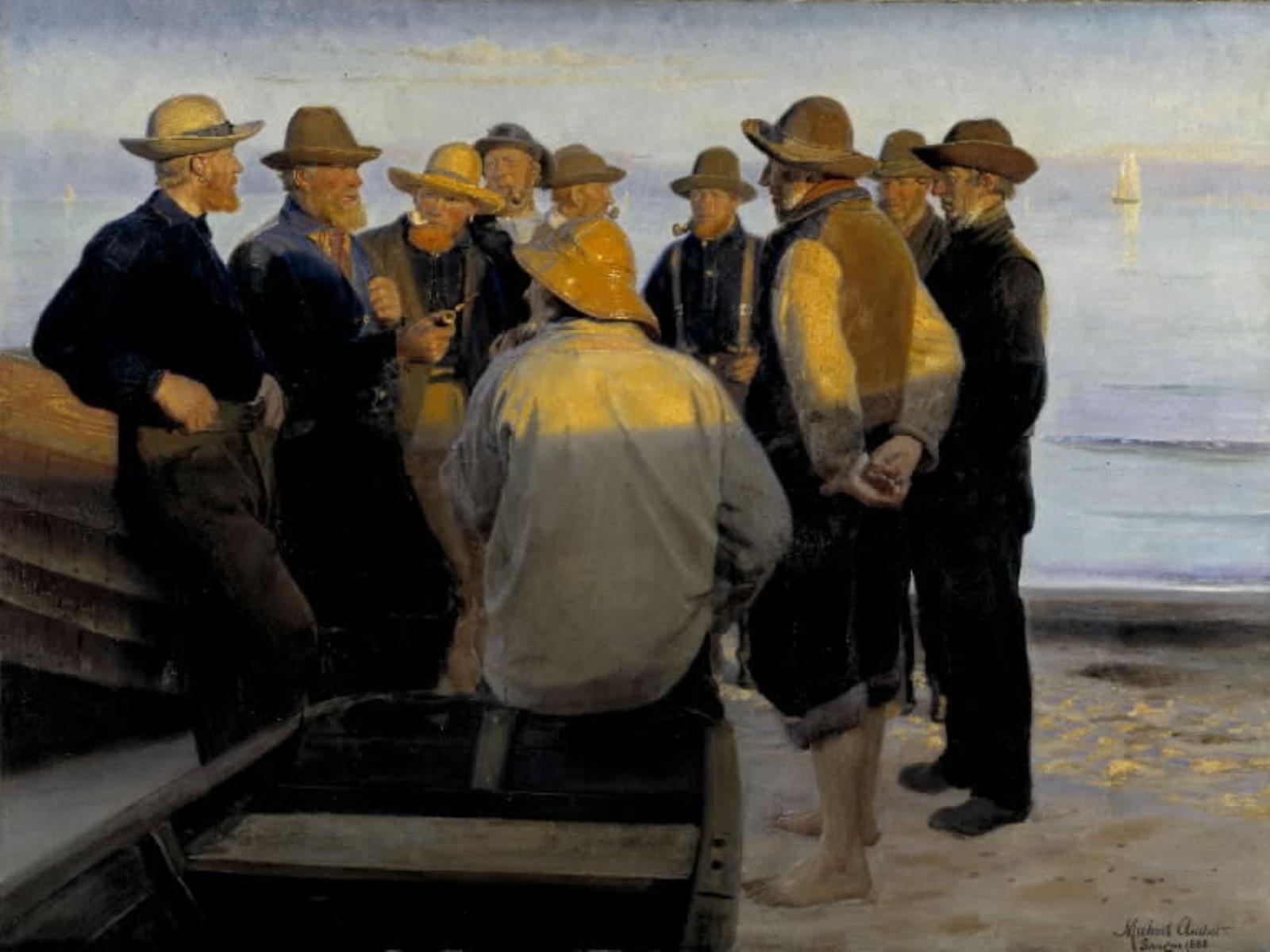 Pêcheurs au bord de la mer par une soirée d'été - Michael Peter Ancher image 1 copie de tableau peinte à la main