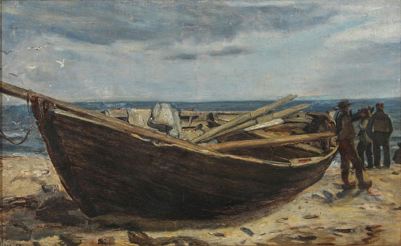 Fischer und ein Boot am Strand von Skagen. -Michael Peter Ancher