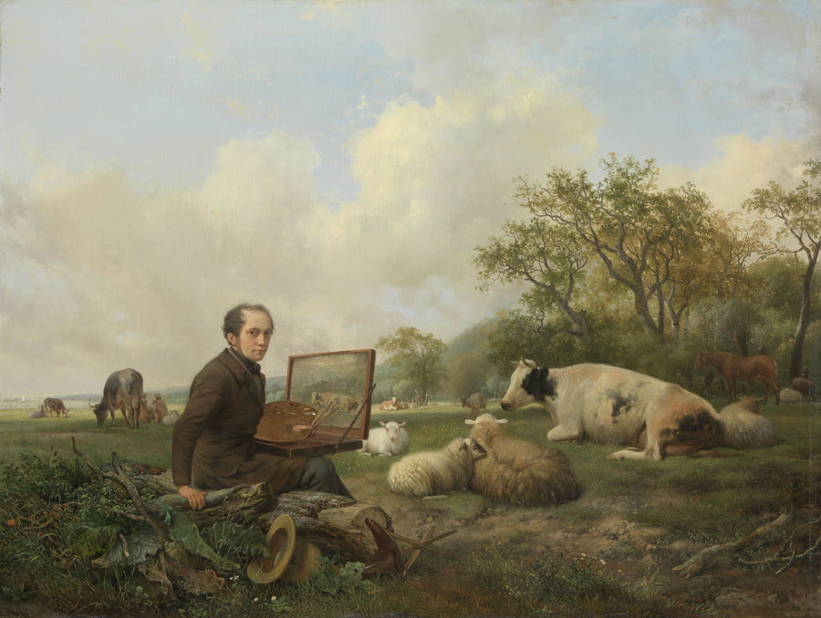 Le peintre lui-même, peignant dans un paysage de prairie avec du bétail - Hendrikus Sande Bakhuyzen