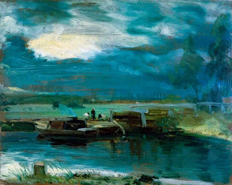 Péniches sur la Stour mit der Kirche von Dedham in der Ferne - John Constable
