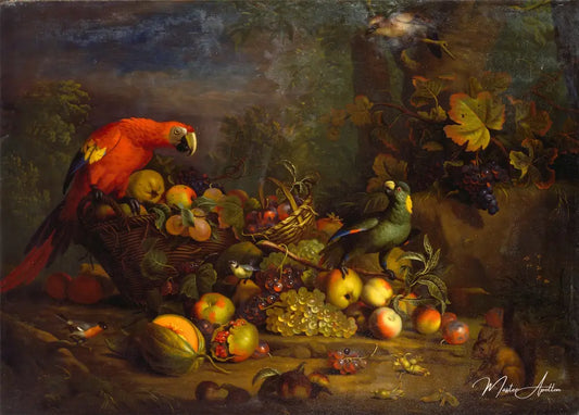 Perroquets et fruits avec d'autres oiseaux et un écureuil - Tobias Stranover - Reproductions de tableaux et peintures haut de gamme