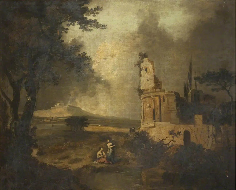 Gesprächspersonen im Vordergrund; in der Ferne Bethlehem - Claude Lorrain