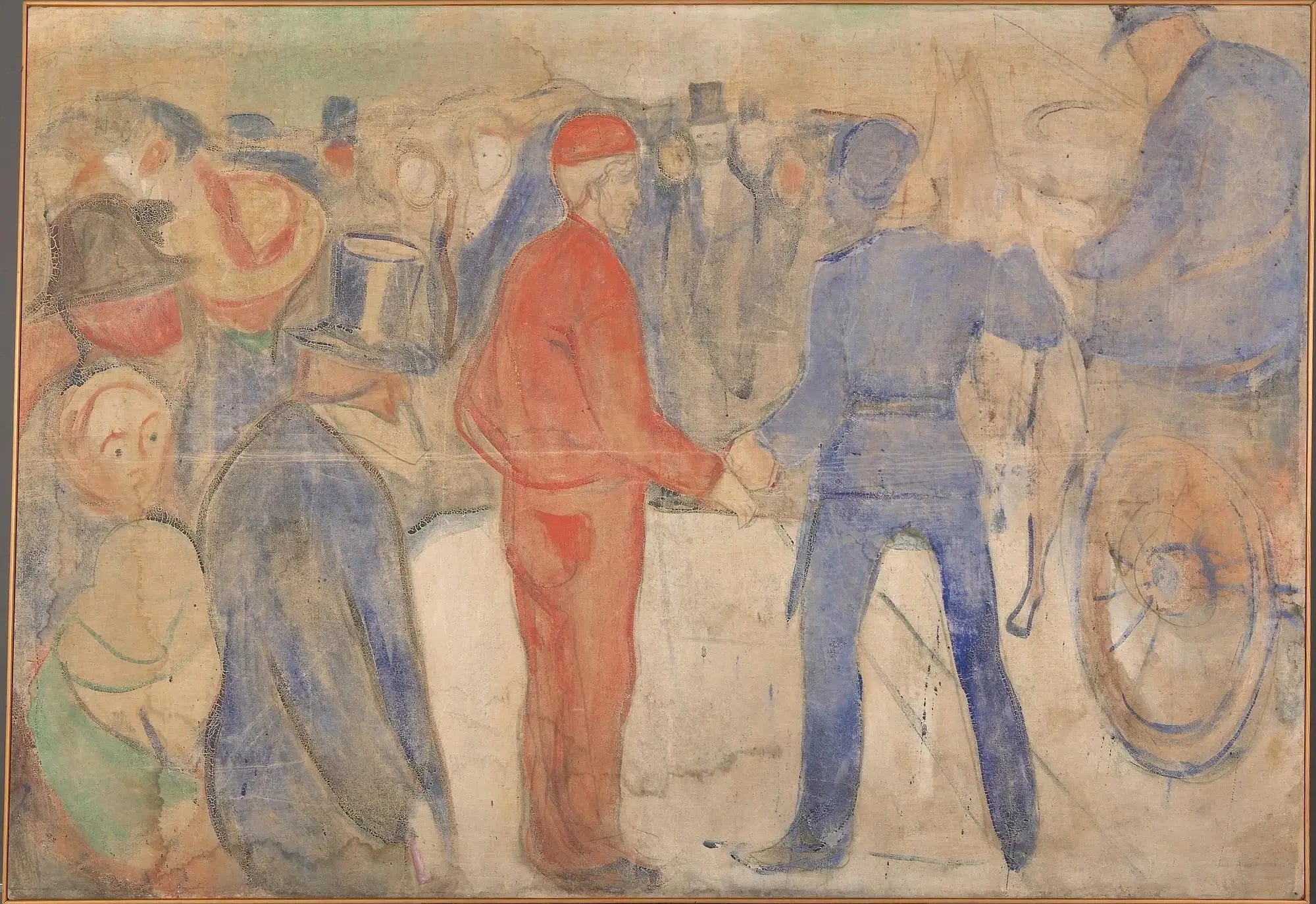 Personnes s'attroupant autour d'un homme en rouge - Edvard Munch image 1 reproduction de peinture à l’huile