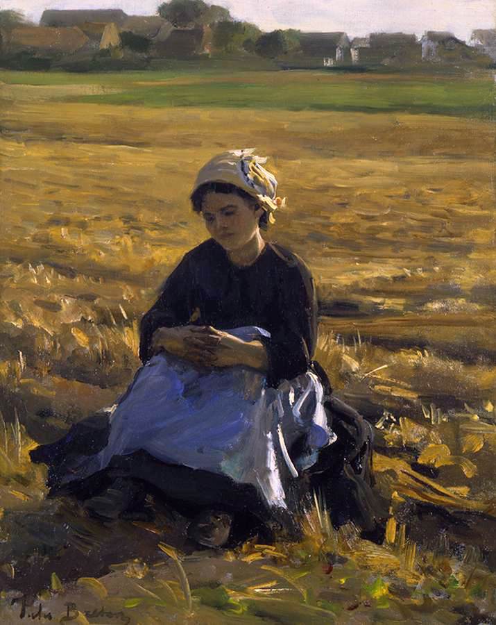 Kleiner sitzender Sammler im Feld - Jules Breton