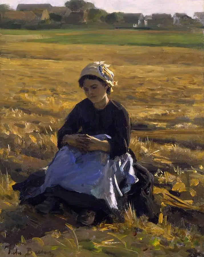 Kleiner sitzender Sammler im Feld - Jules Breton