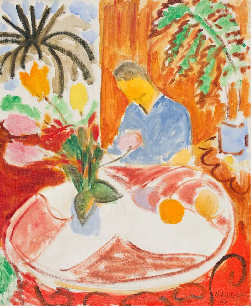 Kleines Interieur am Runden Marmortisch, Palmen und Figur - Henri Matisse