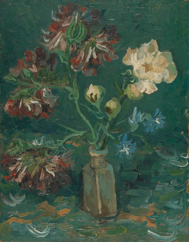Kleine Flasche mit Pfingstrosen und blauen Rittersporn - Vincent van Gogh
