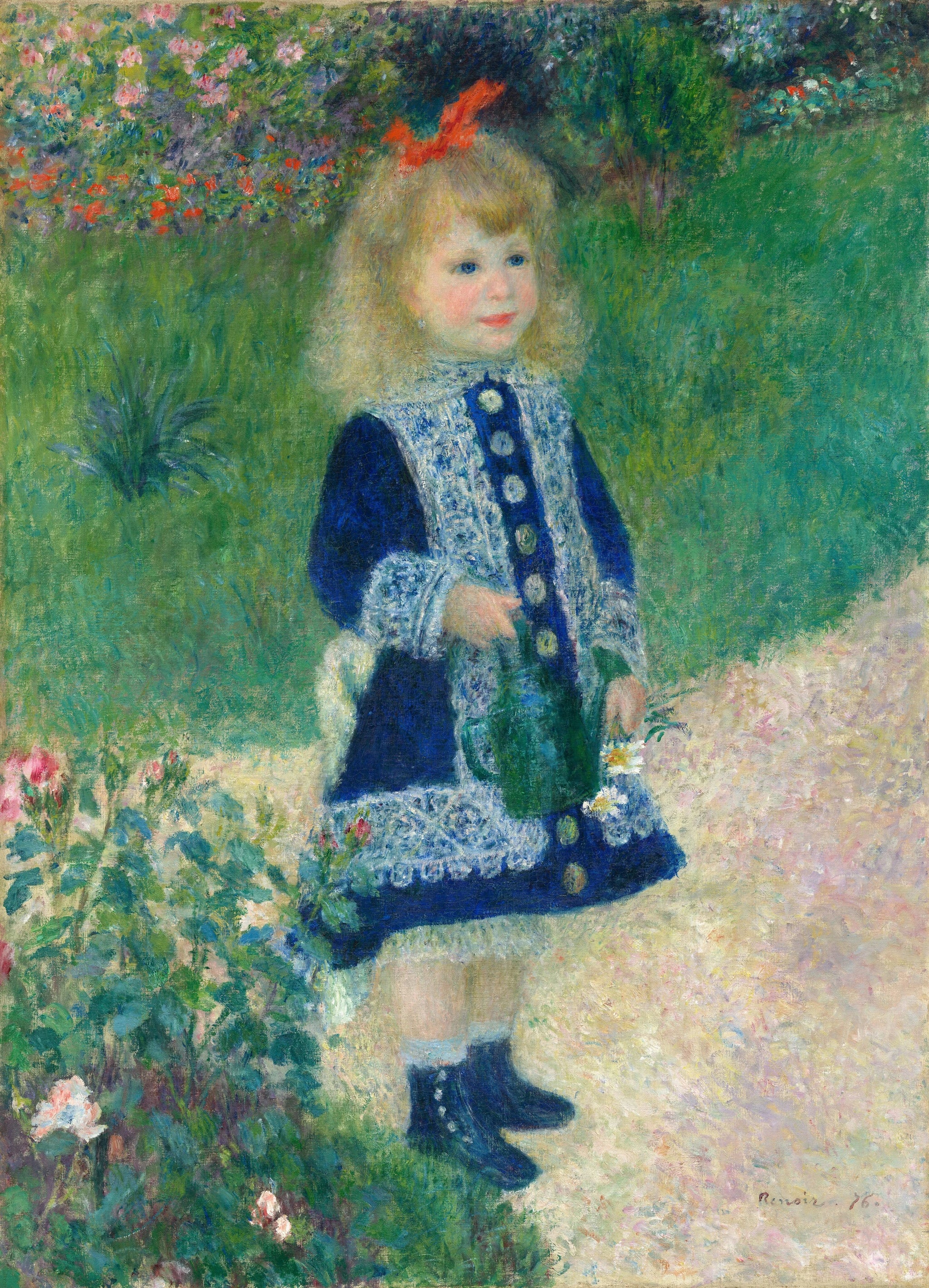 La Petite Fille à l’arrosoir, enfant en robe bleue peinte par Renoir en 1876