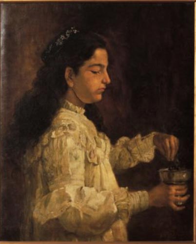 Jeune Fille priant près du feu, M. F. Pithawalla, Date non précisée par la NGMA, huile sur toile