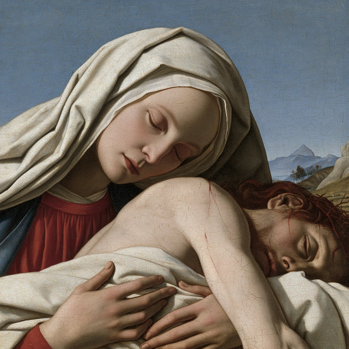 Pietà classique aux drapés blancs et rouges — Peinture à l’huile sur commande