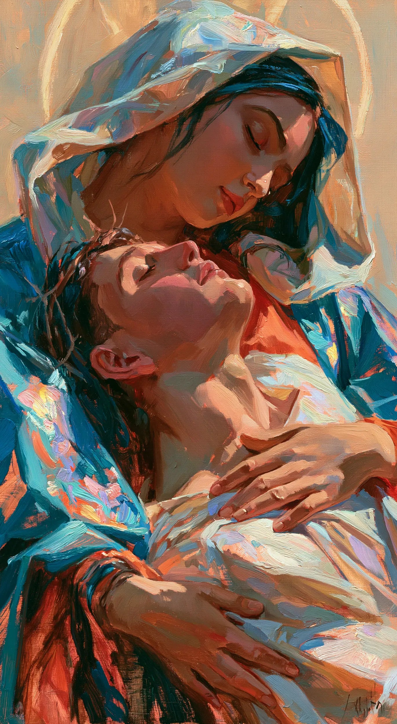 Pietà rapprochée bleu et pêche aux mains protectrices — Peinture à l’huile sur commande