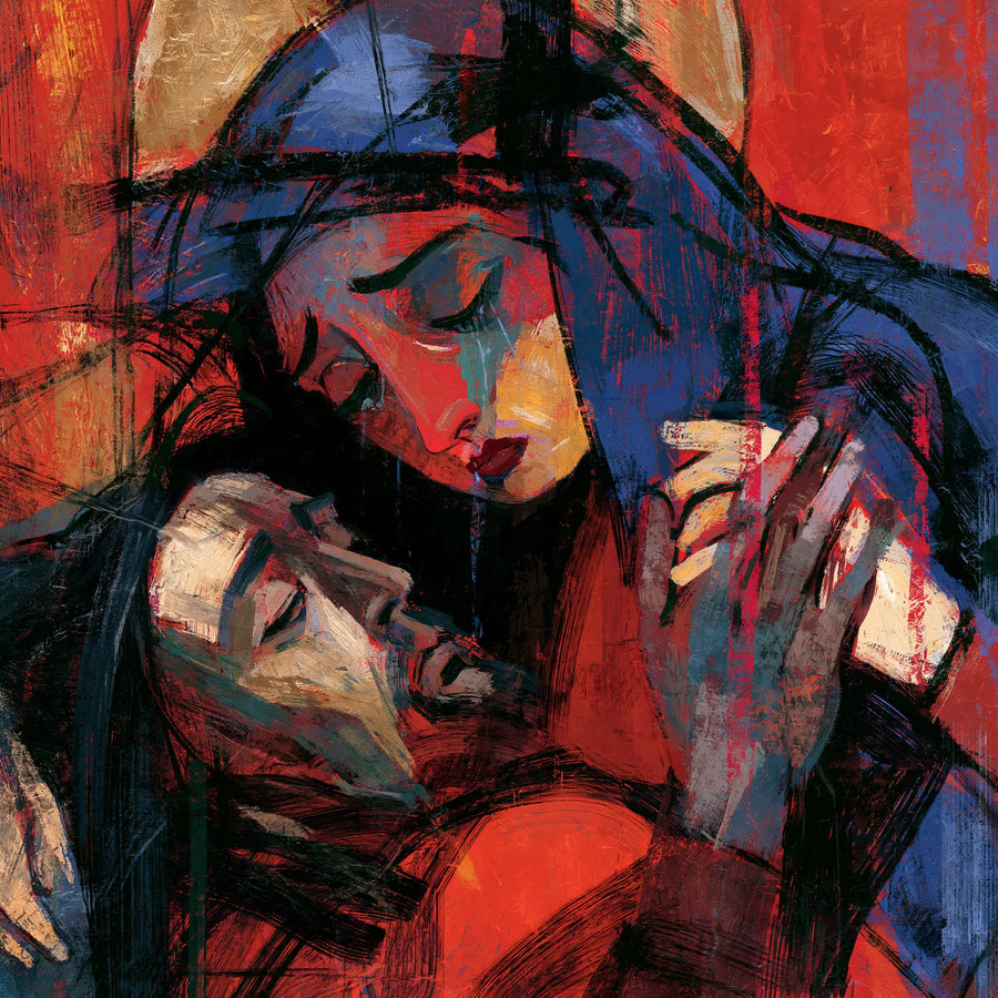 Larme turquoise sur le visage rouge et cobalt de Marie au-dessus du profil du Christ, entouré de mains claires