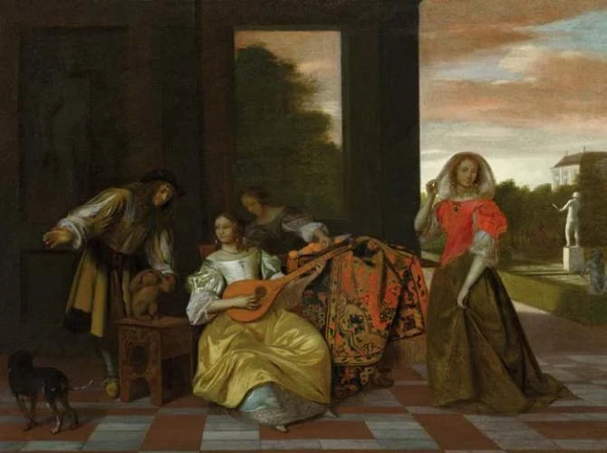 Joyeuse compagnie avec un singe sur une terrasse - Pieter de Hooch