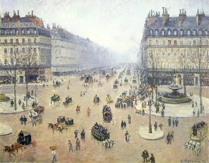 Platz des Théâtre-Français und die Avenue de l'Opéra, nebliger Tag - Camille Pissarro