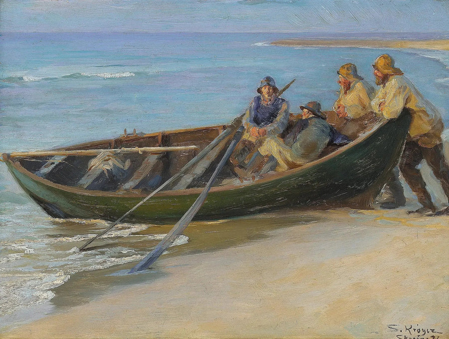Nordstrand von Skagen. Ein grünes Boot am Ufer. Zwei Fischer sitzen im Boot, gelehnt gegen die Reling. Drinnen ein Gaffel und zwei Ruder. - Peder Severin Krøyer