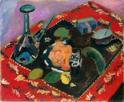 Teller und Früchte auf einem roten und schwarzen Teppich (Der Rote Teppich) - Henri Matisse