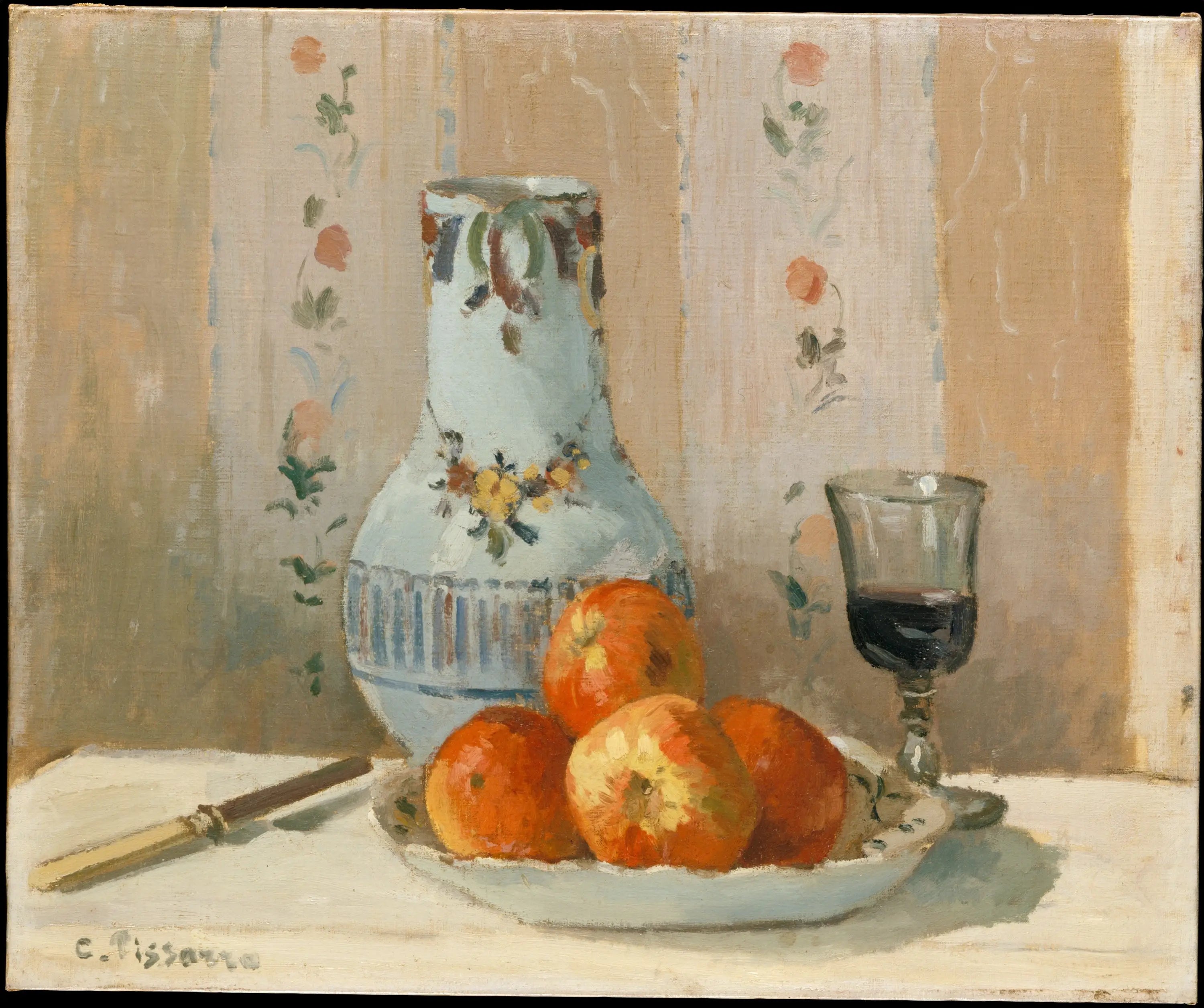 Pommes de Ghâtaignier et faïence émaillée sur une table - Camille Pissarro image 1 reproduction de peinture à l’huile
