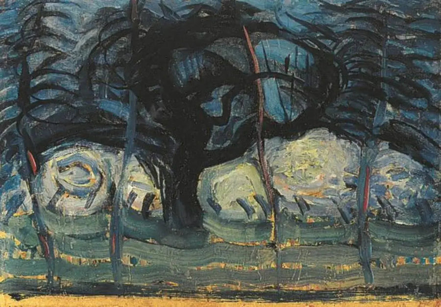 Apfelbaum in Blau mit wellenförmigen Linien I - Piet Mondrian