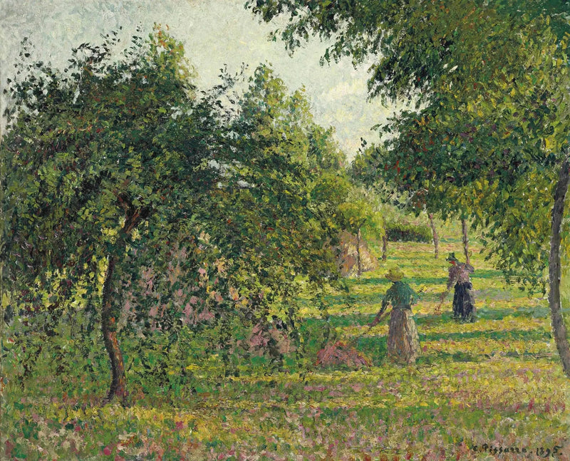 Apfelbäume und Bäuerin beim Heu rechen, Éragny - Camille Pissarro