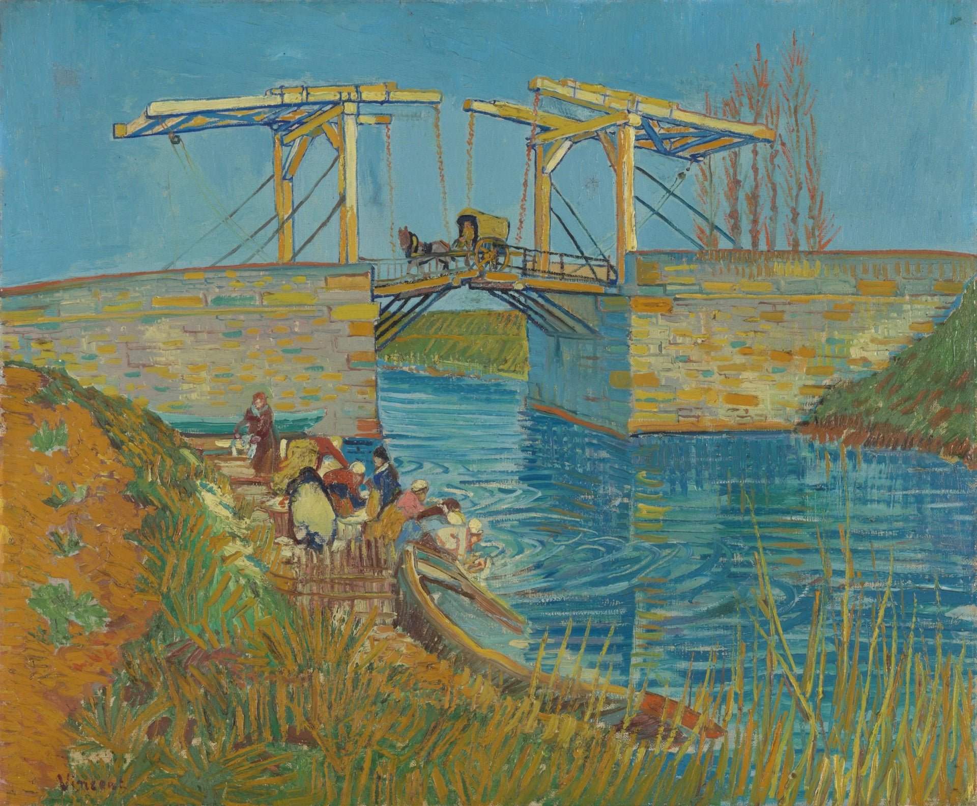 Pont de Langlois avec lavandières, F397 — pont-levis jaune, canal et femmes au travail peints par Vincent van Gogh