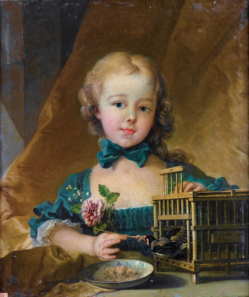 Portrait von Alexandrine Le Normant d'Étiolles, die mit einem Distelfink spielt - François Boucher