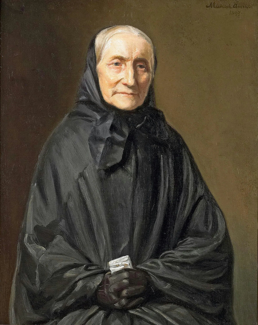 Porträt von Ane Hedvig Brøndum in schwarzem Kleid, sitzend mit gefalteten Händen. – Michael Peter Ancher
