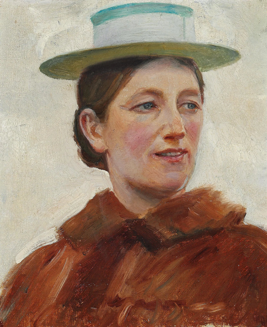 Porträt von Anna Ancher mit einem grün gestreiften Strohhut. – Michael Peter Ancher