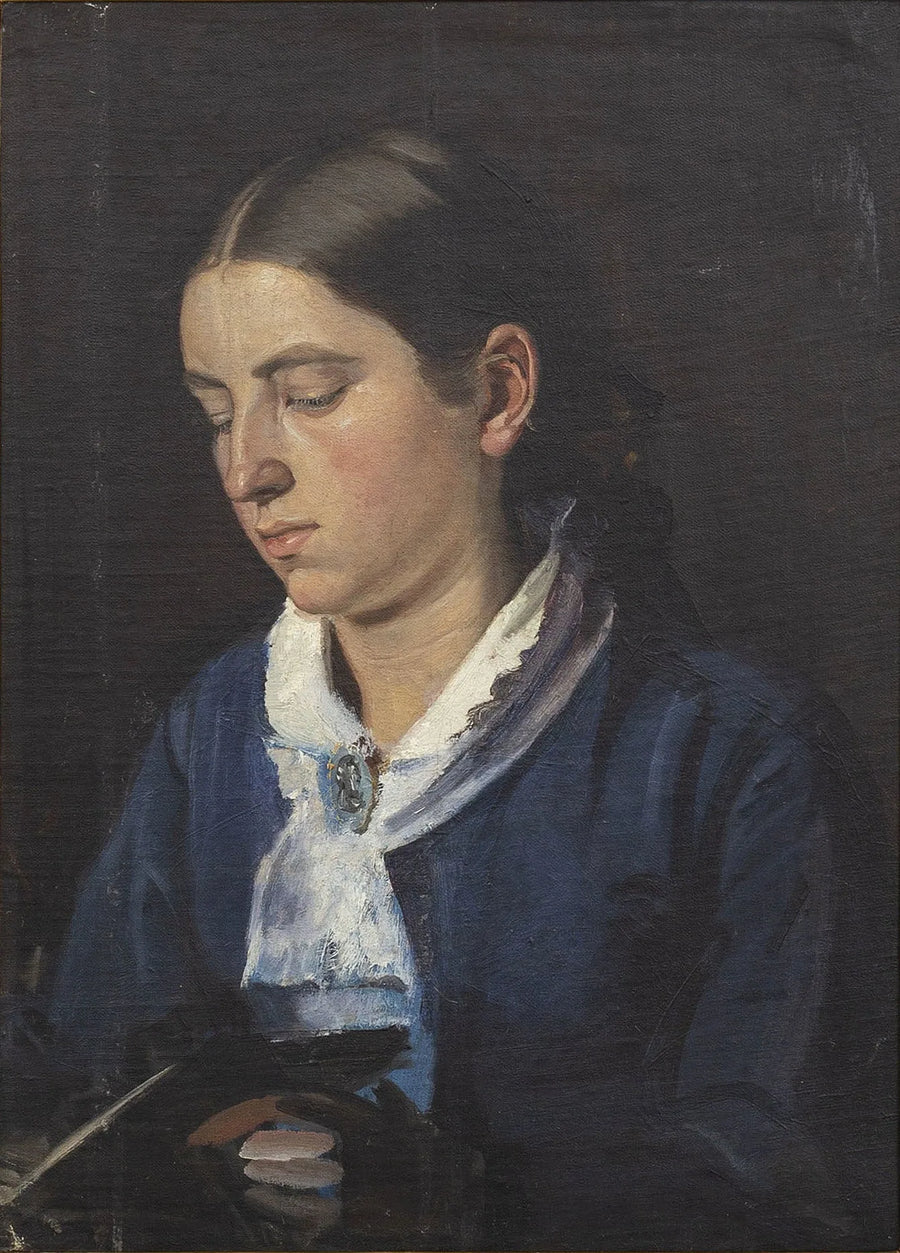Porträt von Anna Brøndum in einem blauen Kleid, lesend. – Michael Peter Ancher