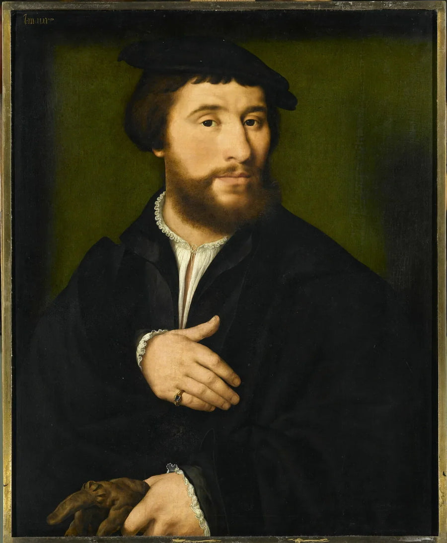 Porträt eines Mannes in Schwarz gekleidet, der mit einer Hand seine Handschuhe hält - Joos van Cleve