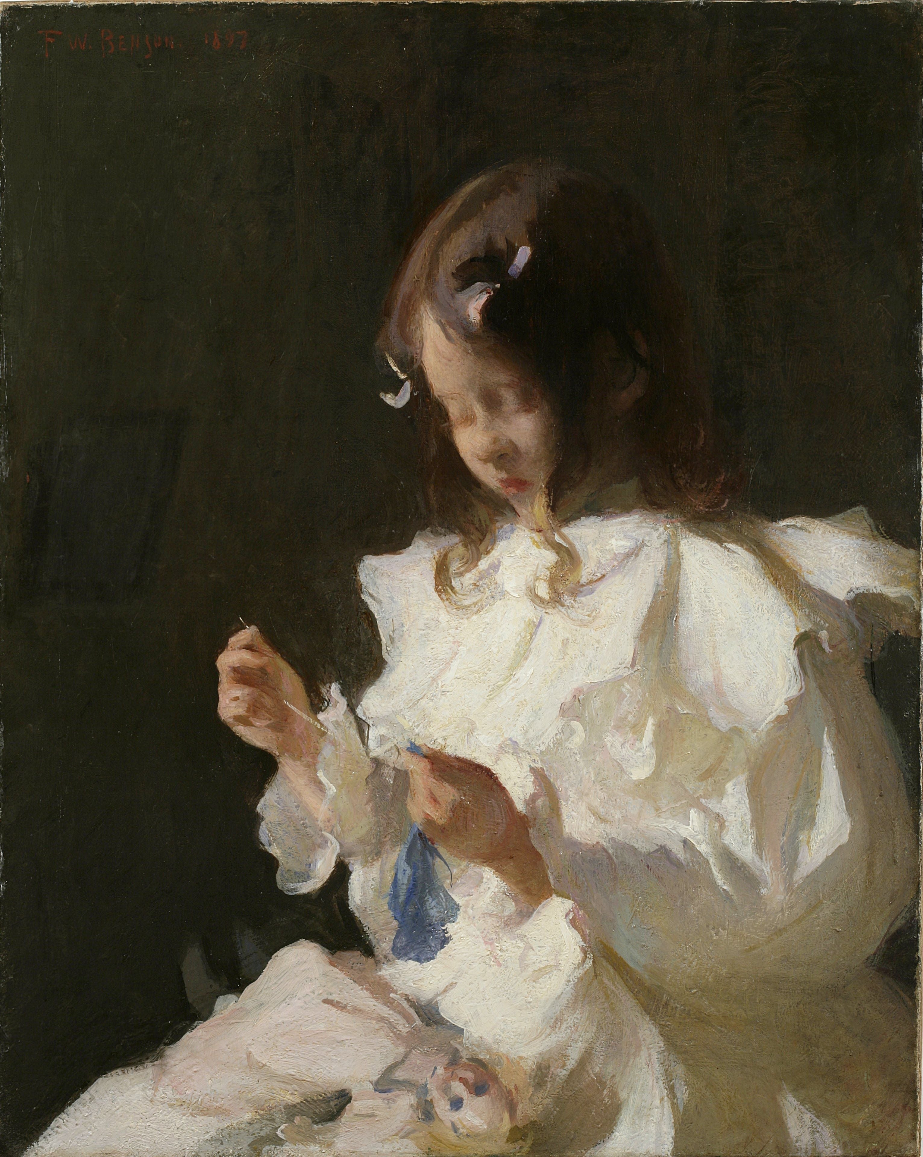 Portrait d'un enfant cousant - Frank Weston Benson image 1 copie peinte à la main à l’huile