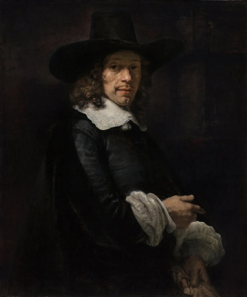 Porträt eines Mannes mit einem Zylinder und Handschuhen - Rembrandt