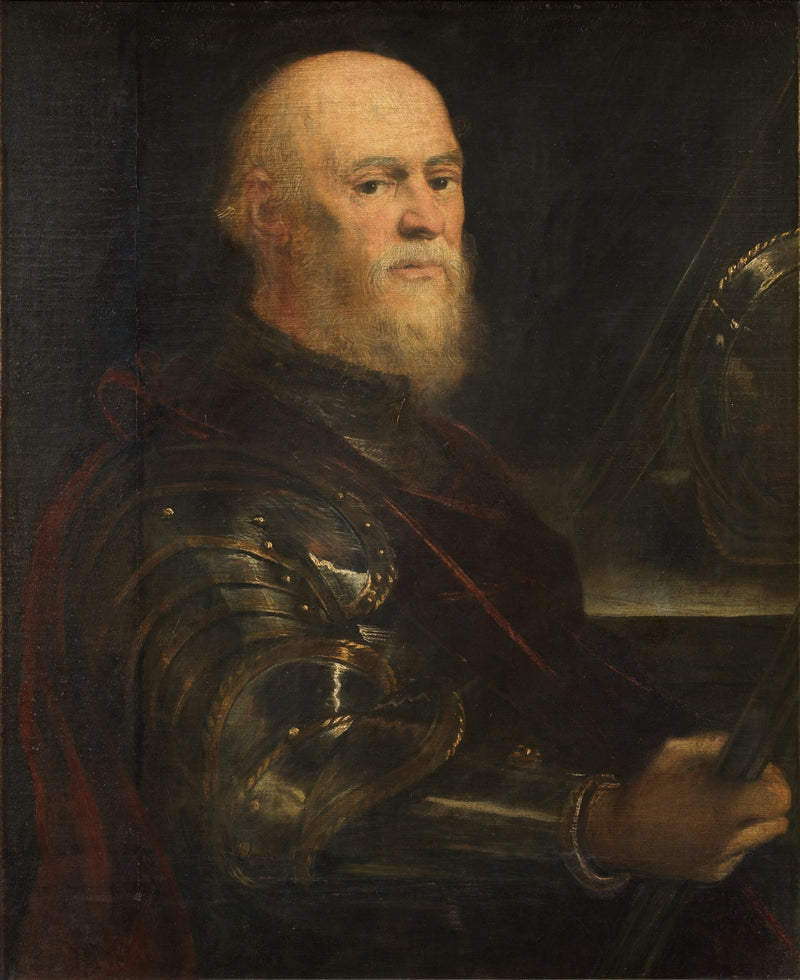 Porträt eines Mannes in Rüstung, der den Befehlstab hält, wahrscheinlich Jan Amor Tarnowski - Jacopo Tintoretto