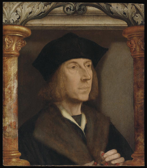 Porträt eines Mannes, in Brustbild, gekleidet mit einem Mantel mit Pelzfutter, der eine Perlenkette rezitiert, in einem architektonischen Rahmen - Quentin Metsys