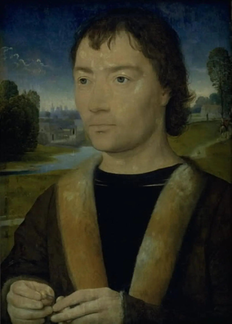 Porträt eines jungen Mannes mit einem Rosenkranz - Hans Memling