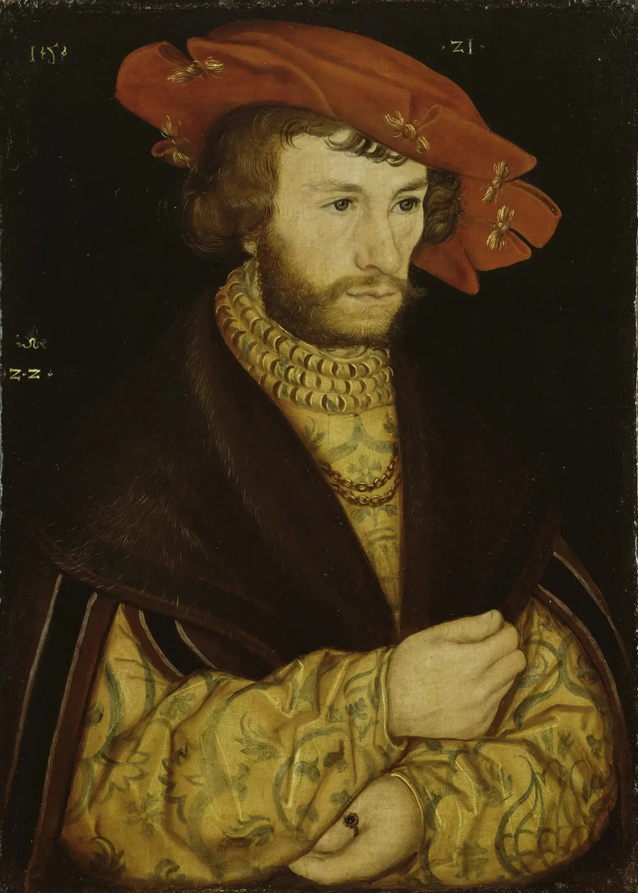 Porträt eines jungen Mannes mit Bart und rotem Barett - Lucas Cranach der Ältere
