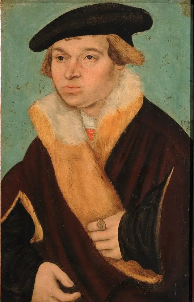 Porträt eines jungen Mannes mit kurz rasiertem Gesicht in einem Pelzmantel Licht - Lucas Cranach der Ältere