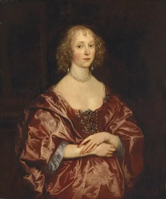 Porträt einer Dame, in halber Figur, in einem roten Kleid, bestickt mit Perlen und Diamanten - Antoine van Dyck