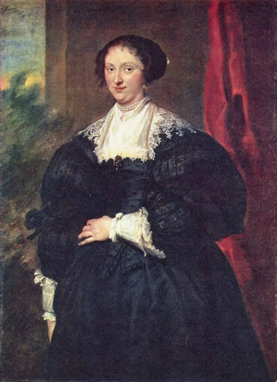 Portrait einer Dame in Schwarz vor einem roten Vorhang - Antoine van Dyck