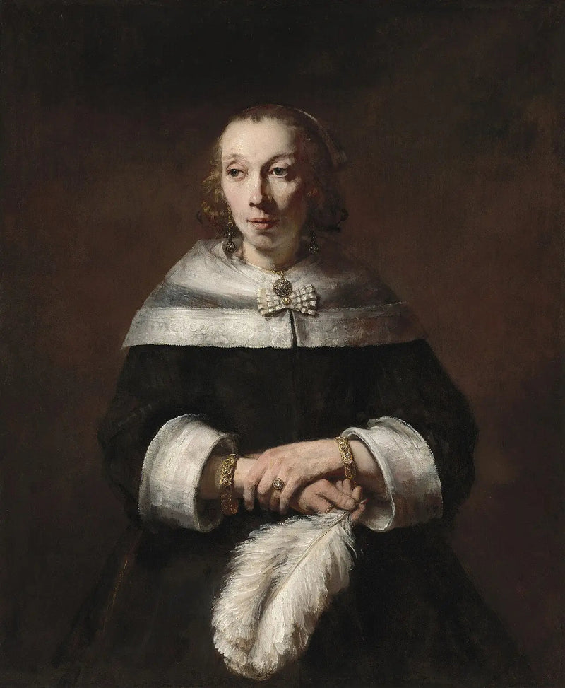 Porträt einer Frau mit einem Federfächer aus Straußenfedern - Rembrandt