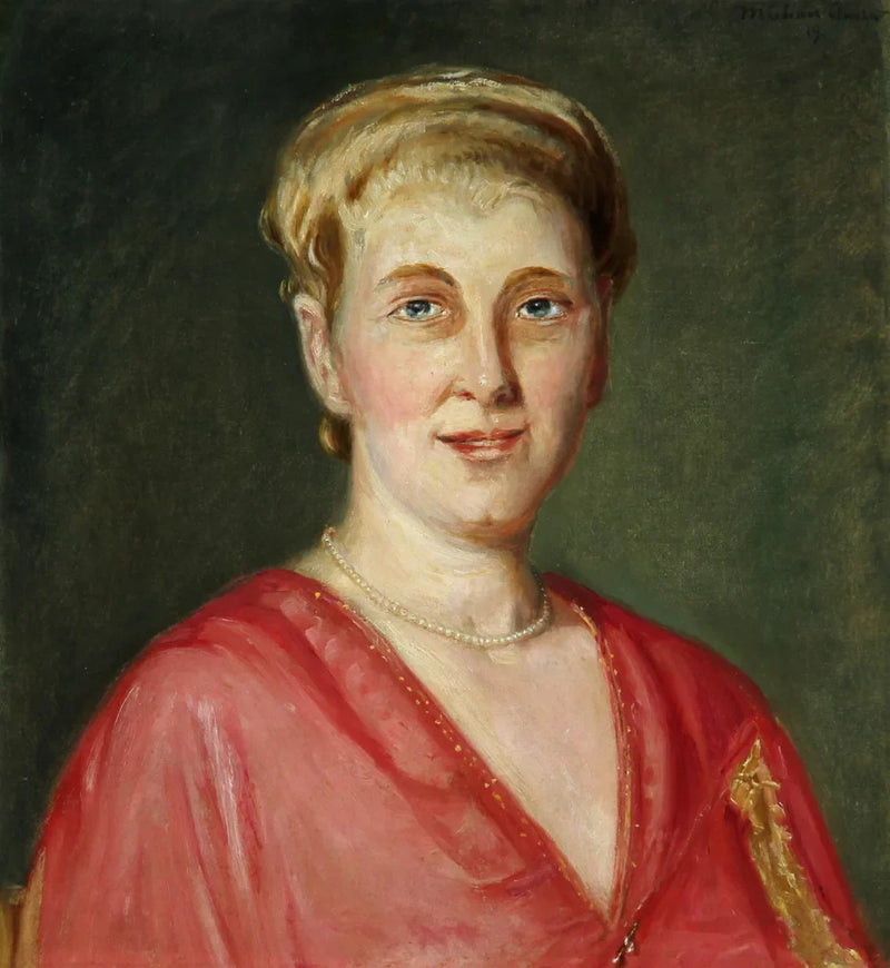 Porträt einer blonden Frau in einem roten Kleid. – Michael Peter Ancher
