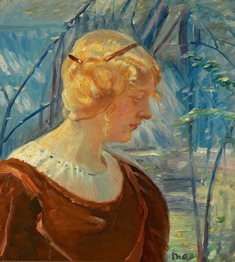 Porträt einer jungen blonden Frau in einem Garten. – Michael Peter Ancher