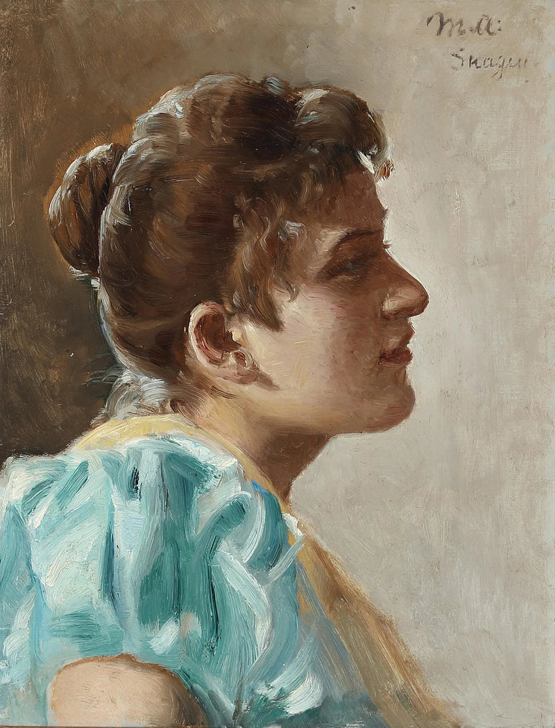Porträt einer jungen Frau in einem gelb-türkisfarbenen Kleid. – Michael Peter Ancher
