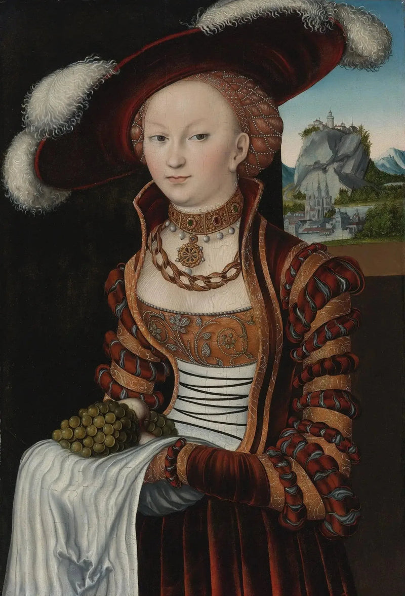 Porträt einer jungen Frau, die eine Traube hält - Lucas Cranach der Ältere
