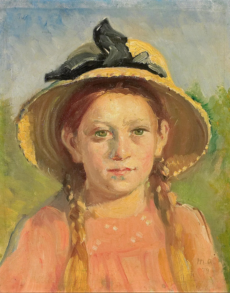 Porträt eines jungen Mädchens mit geflochtenem Haar und einem Strohhut mit blauem Band. – Michael Peter Ancher