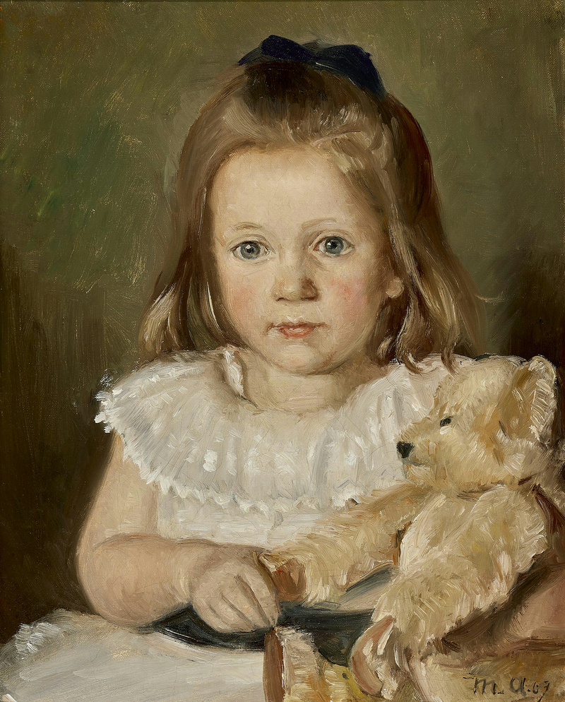 Porträt eines kleinen Mädchens mit ihrem Teddybären. – Michael Peter Ancher